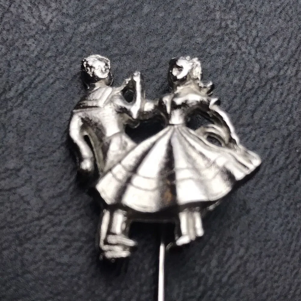 Silver Toned Dancing Couple Stick Pin Brooch Metal Vintage Dance Jewelry